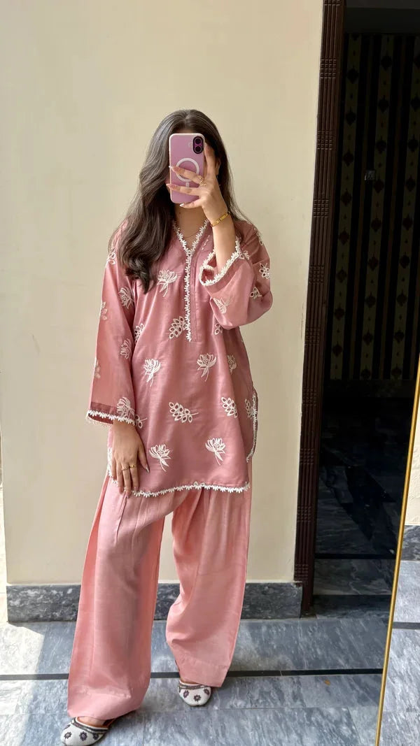 Pink Chikankari cotton stitched suit by NAAZPOSH