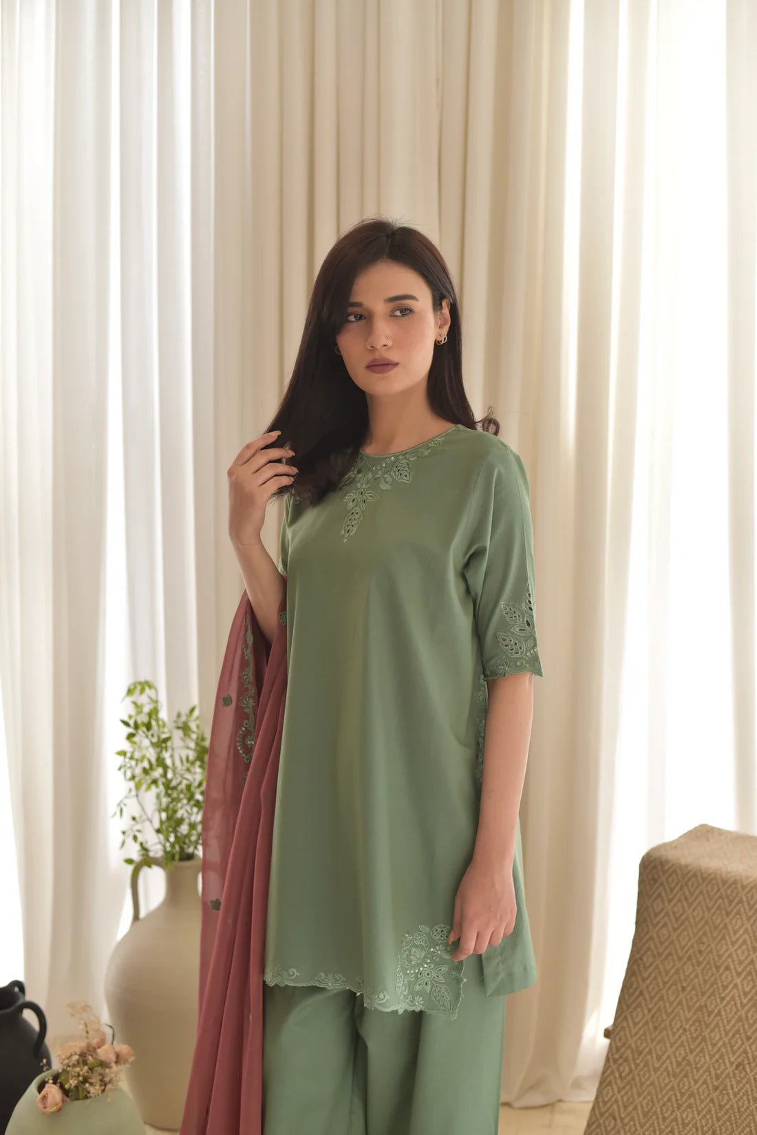 Green Stone embroidered cotton 3-piece by NAAZPOSH