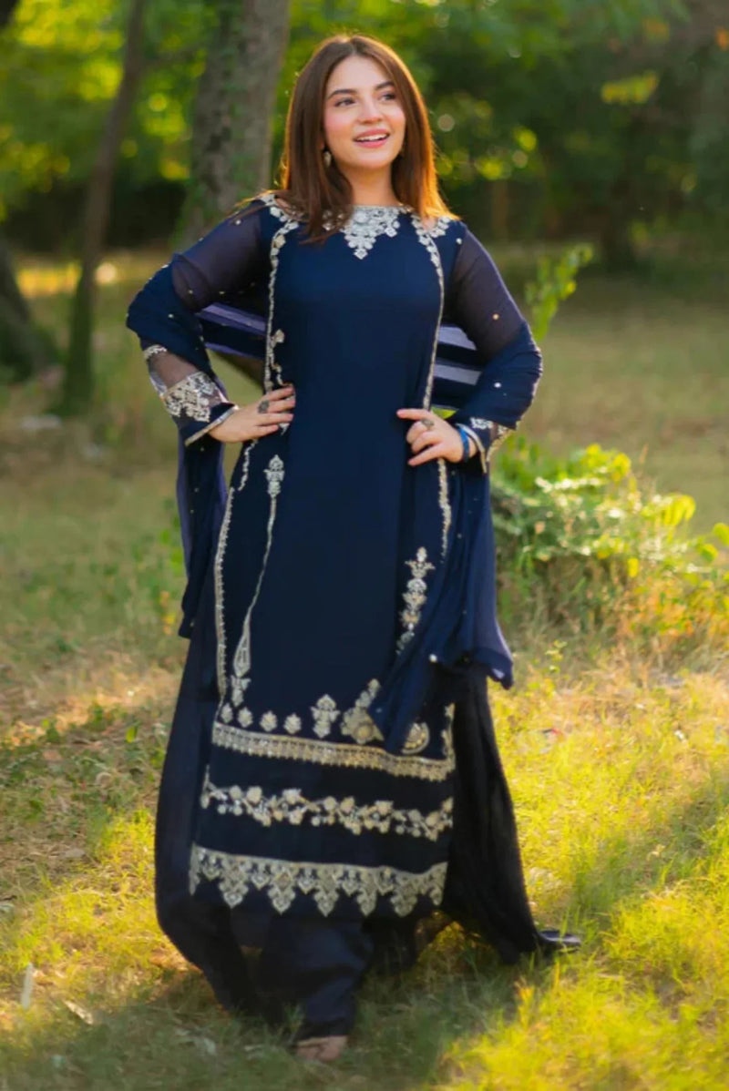 Werda Blue | Embroidered Chiffon 3-Piece