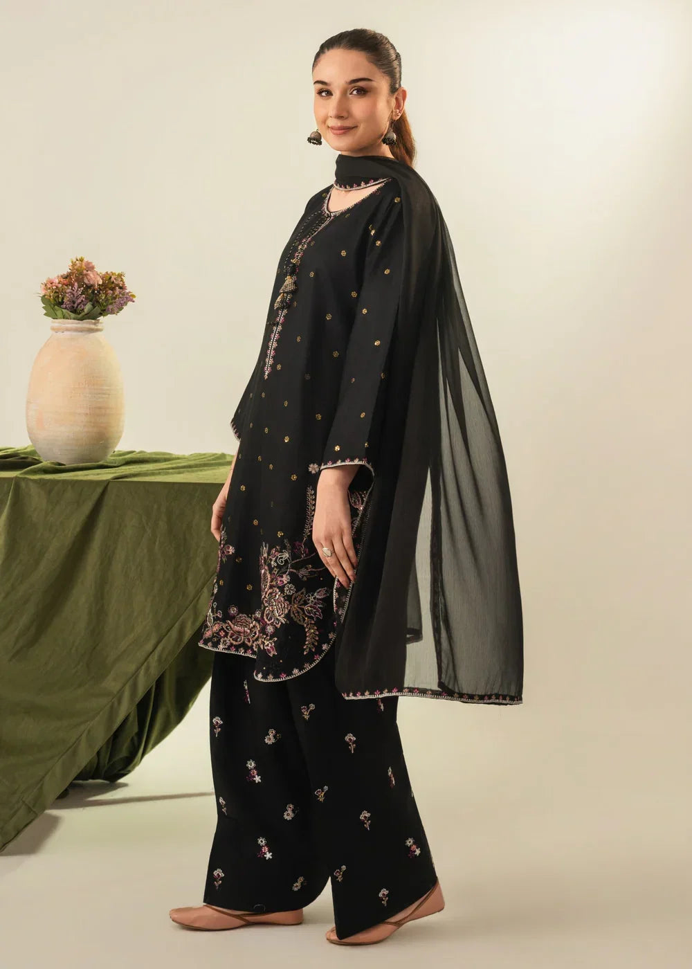 Namal Black embroidered cotton 3-piece by NAAZPOSH