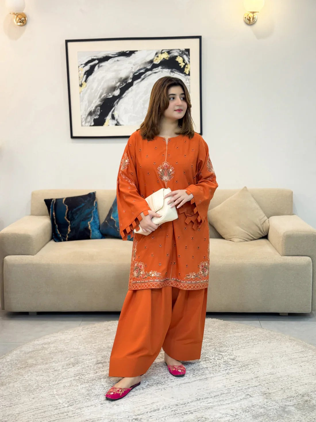 Rust embroidered cotton 2-piece by NAAZPOSH