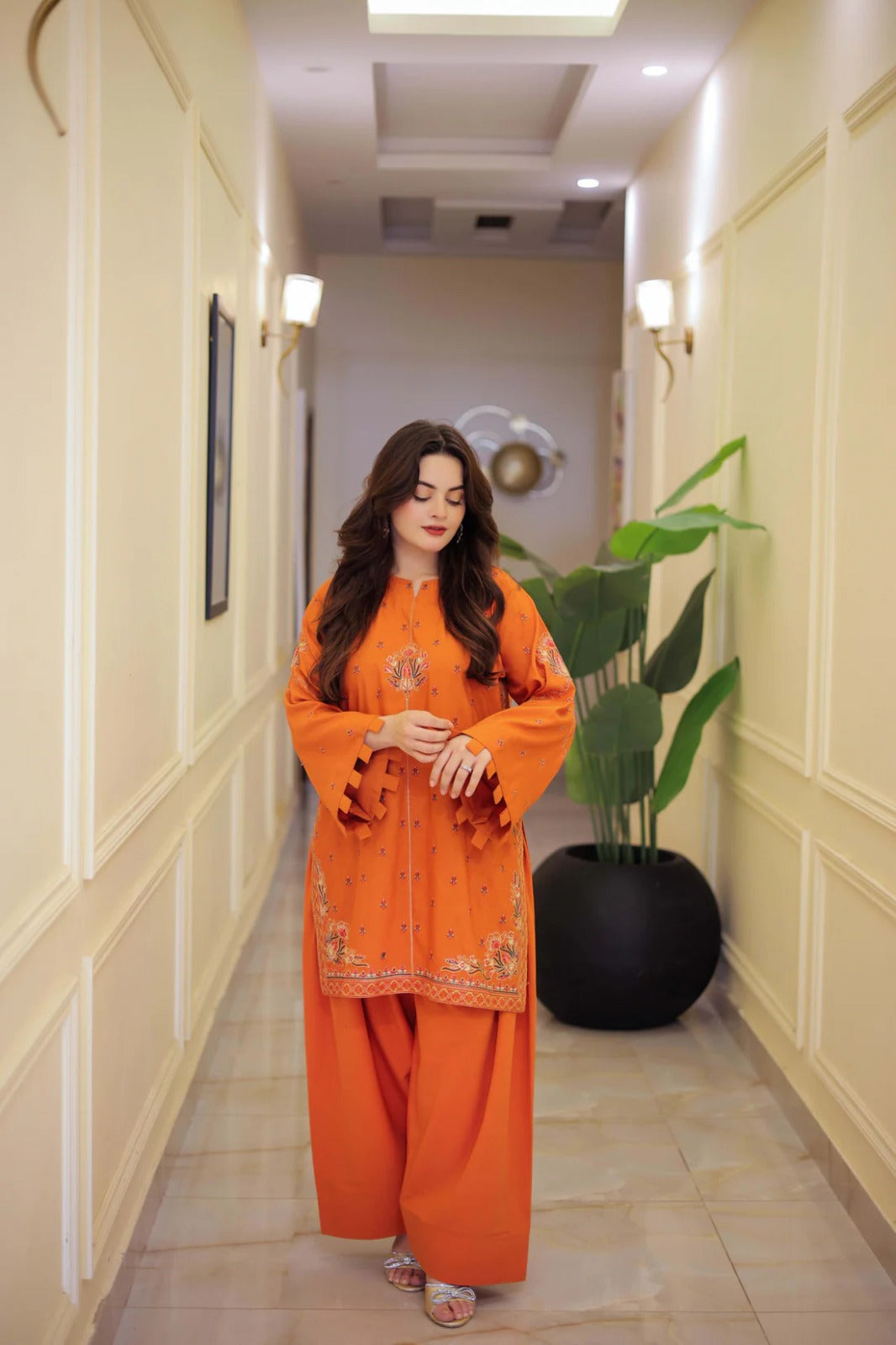 Rust embroidered cotton 2-piece by NAAZPOSH