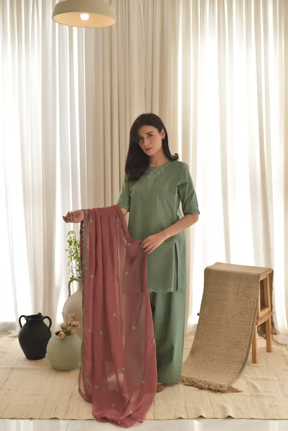 Green Stone embroidered cotton 3-piece by NAAZPOSH