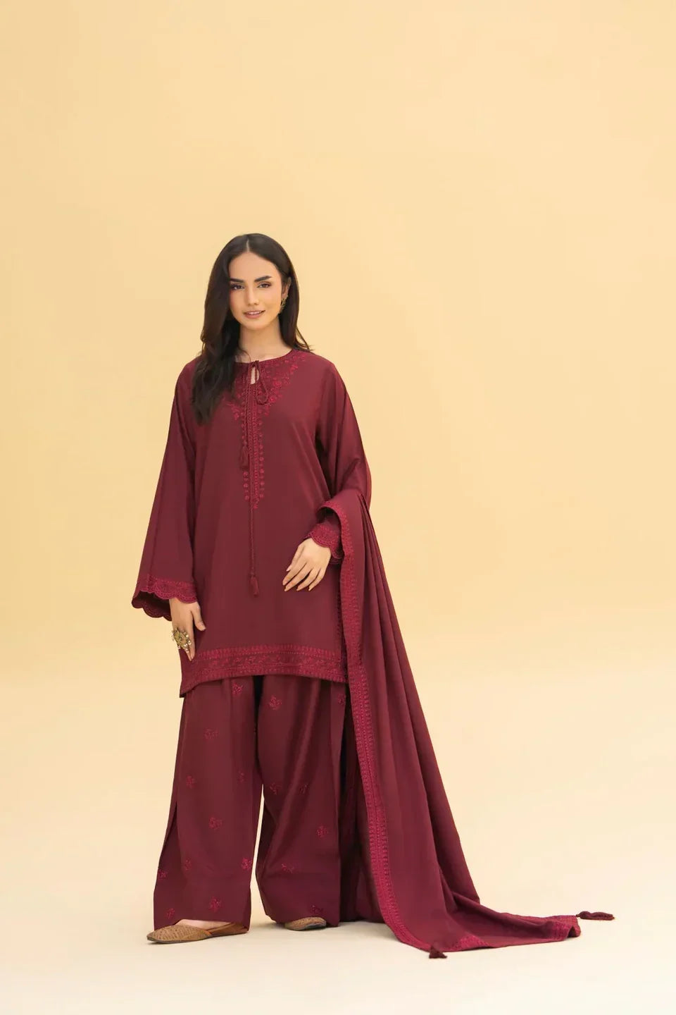 Maroon embroidered cotton 3-piece by NAAZPOSH
