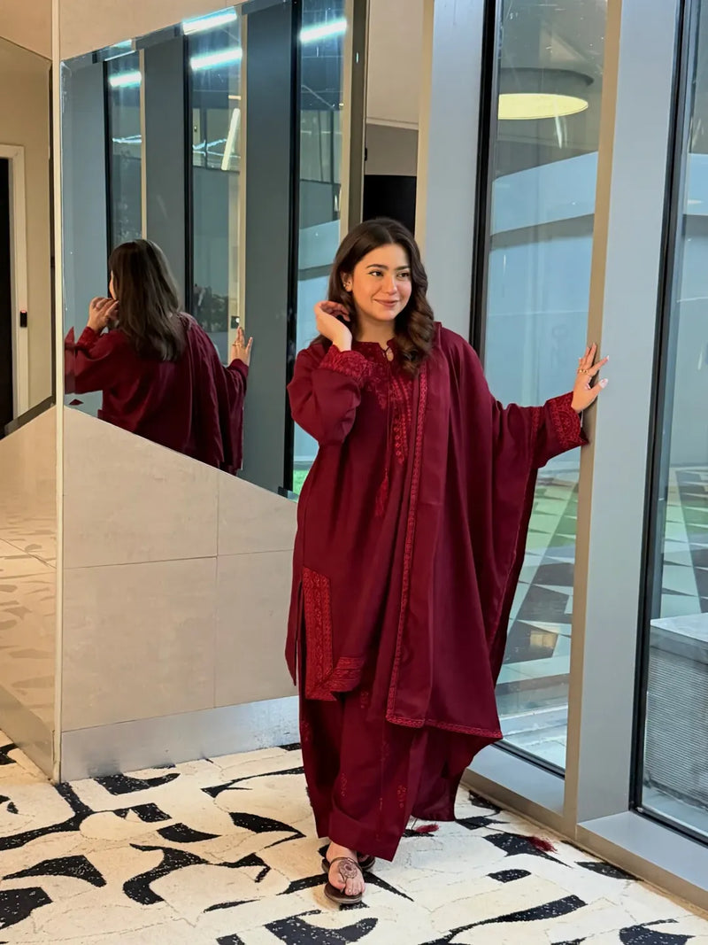Maroon | Embroidered Cotton 3-Piece