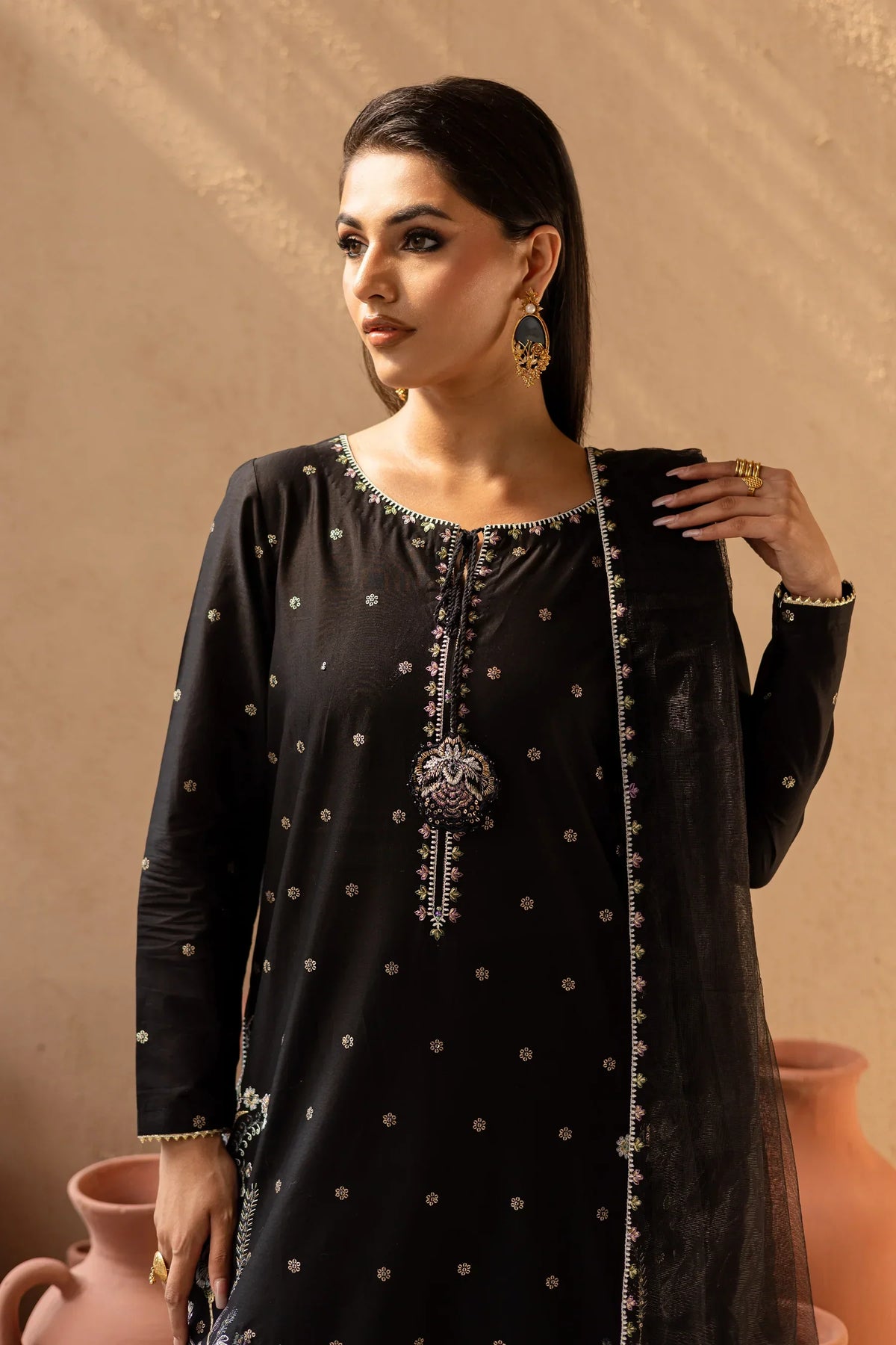 Namal Black embroidered cotton 3-piece by NAAZPOSH