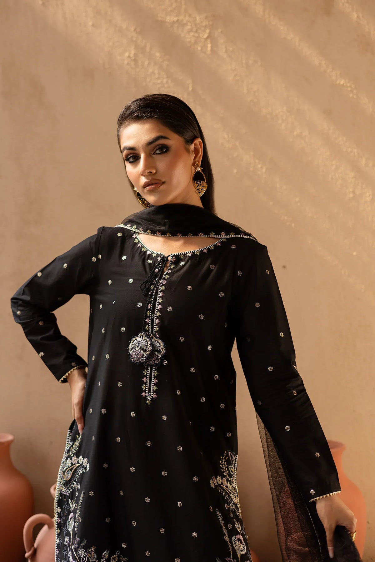 Namal Black embroidered cotton 3-piece by NAAZPOSH