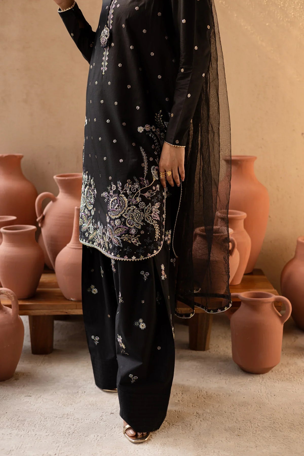 Namal Black embroidered cotton 3-piece by NAAZPOSH