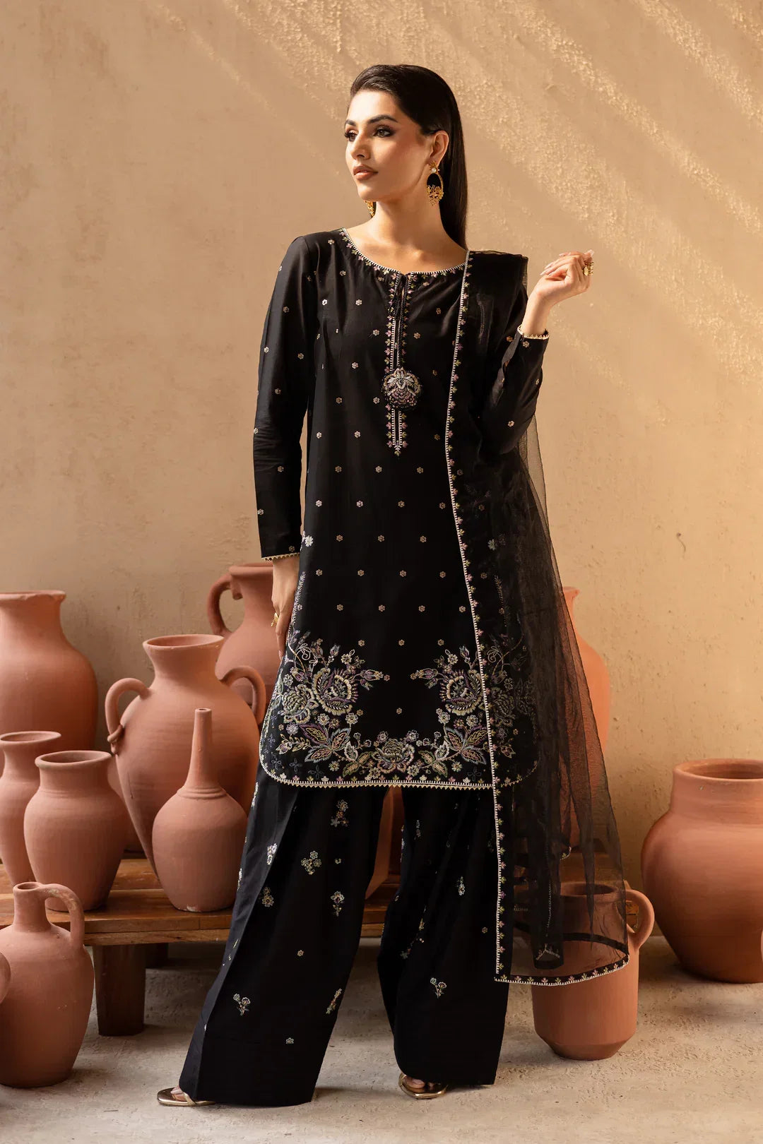 Namal Black embroidered cotton 3-piece by NAAZPOSH