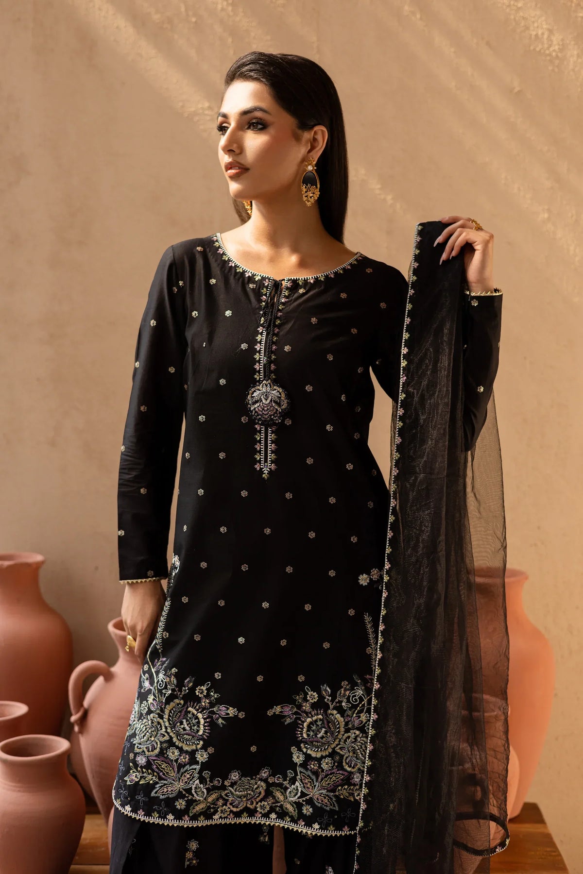 Namal Black embroidered cotton 3-piece by NAAZPOSH