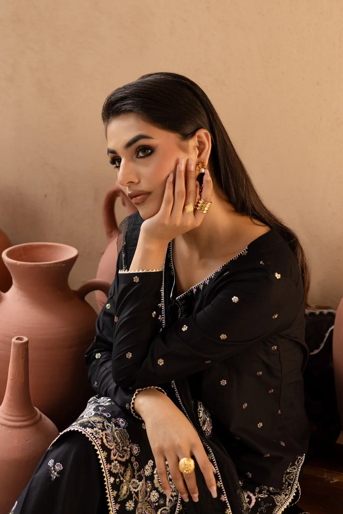 Namal Black embroidered cotton 3-piece by NAAZPOSH
