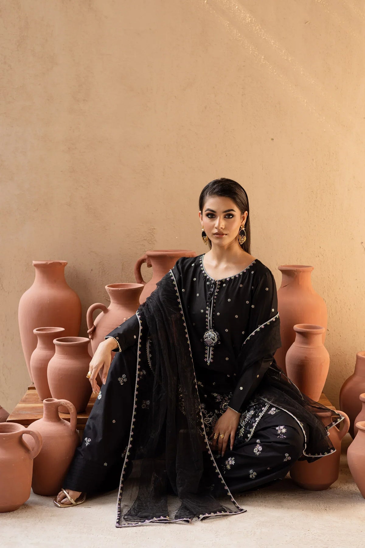 Namal Black embroidered cotton 3-piece by NAAZPOSH
