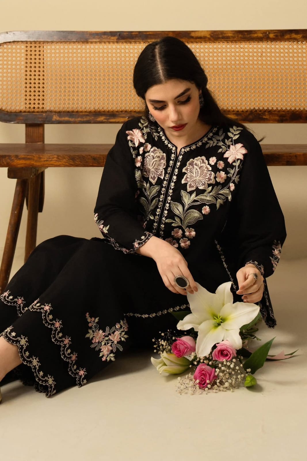 Floral Black embroidered linen 2-piece by NAAZPOSH