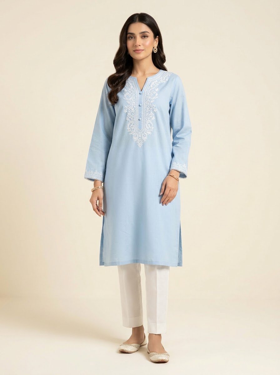 Ayzal powder blue embroidered cambric kurta by NAAZPOSH, detail view