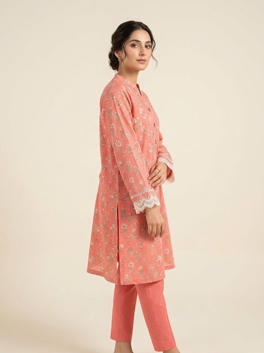 Gulnaar coral pink lawn 2 piece by NAAZPOSH, full length front view