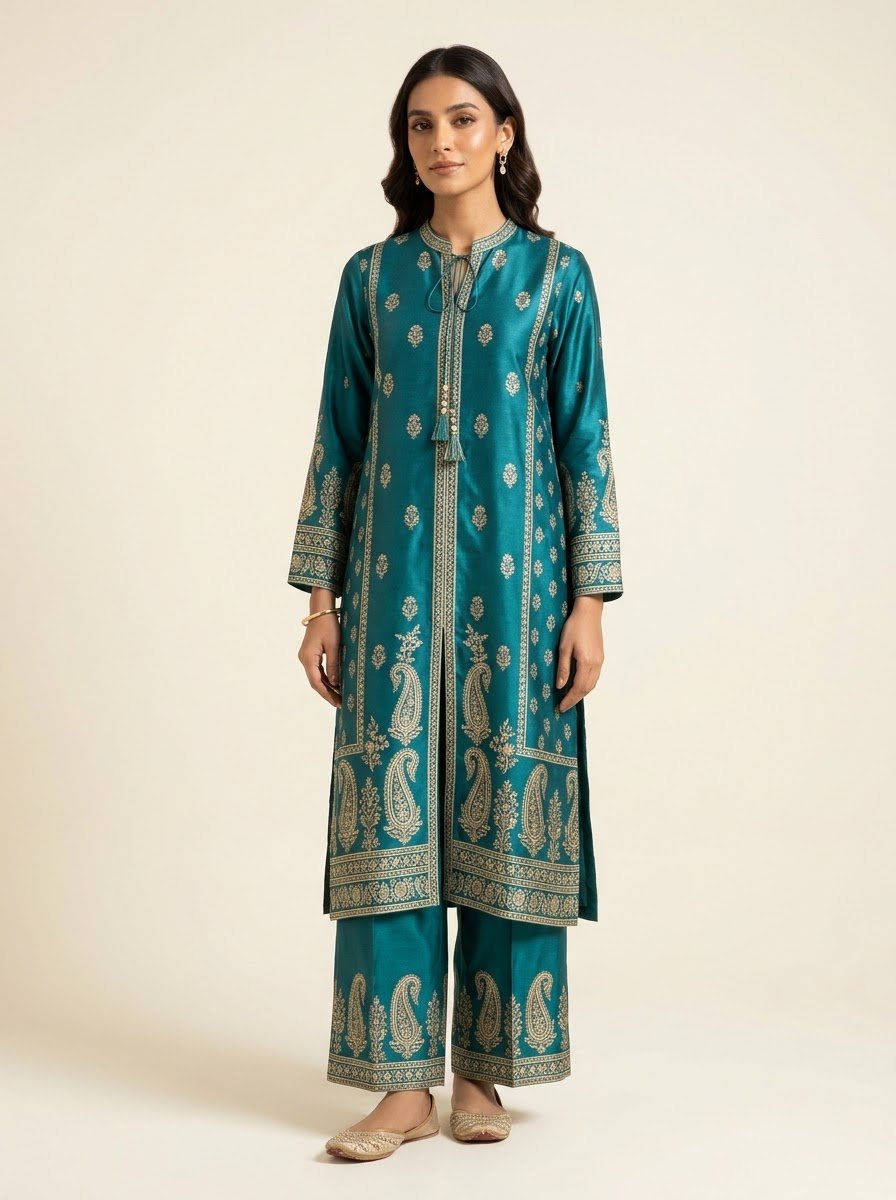 Laila teal silk 2 piece by NAAZPOSH, full length front view