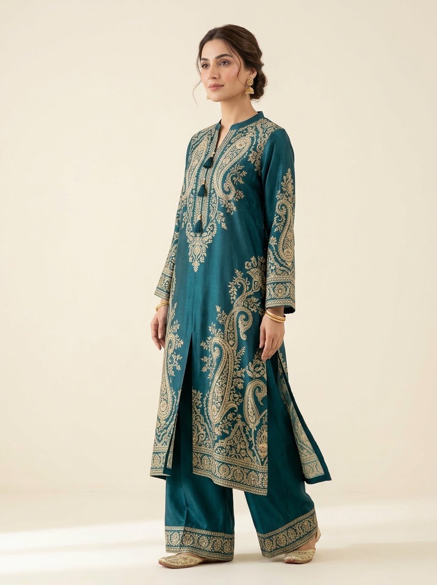 Laila teal silk 2 piece by NAAZPOSH, detail view