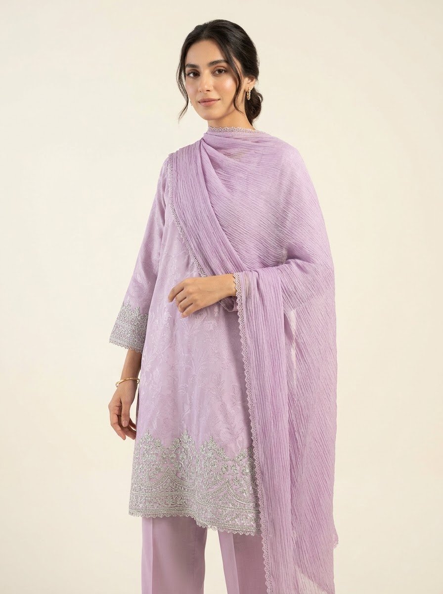 Mahpara lilac jacquard 3 piece by NAAZPOSH, full length front view
