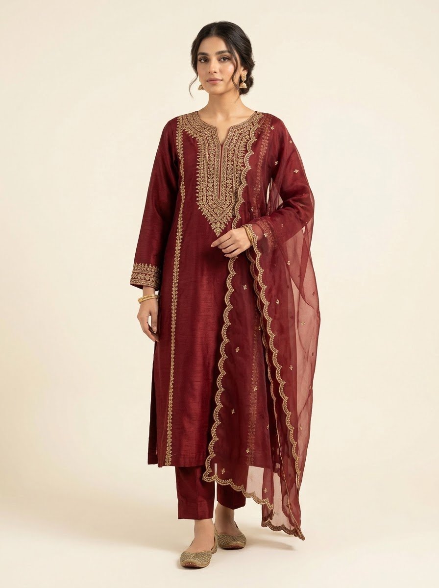 Mehrbano maroon raw silk 3 piece by NAAZPOSH, full length front view