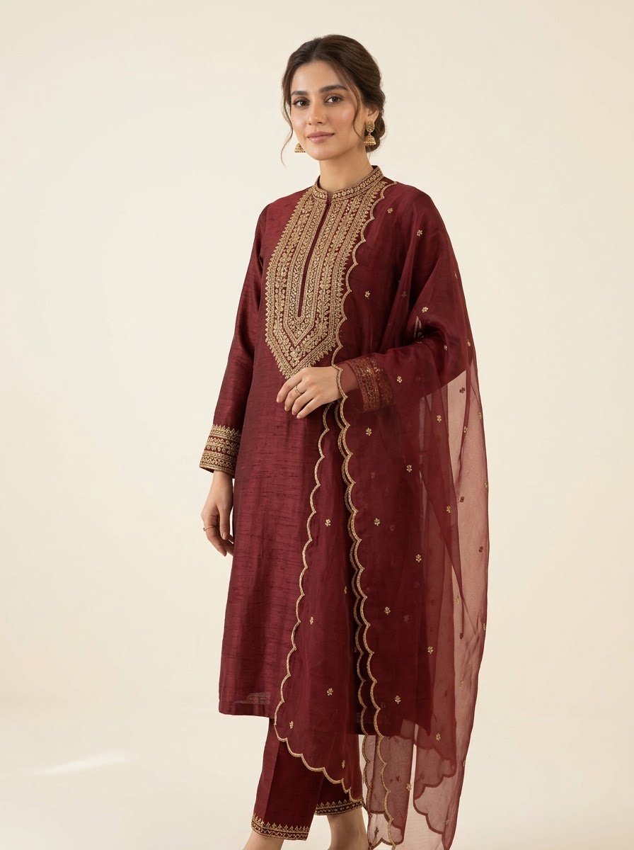 Mehrbano maroon raw silk 3 piece by NAAZPOSH, detail view