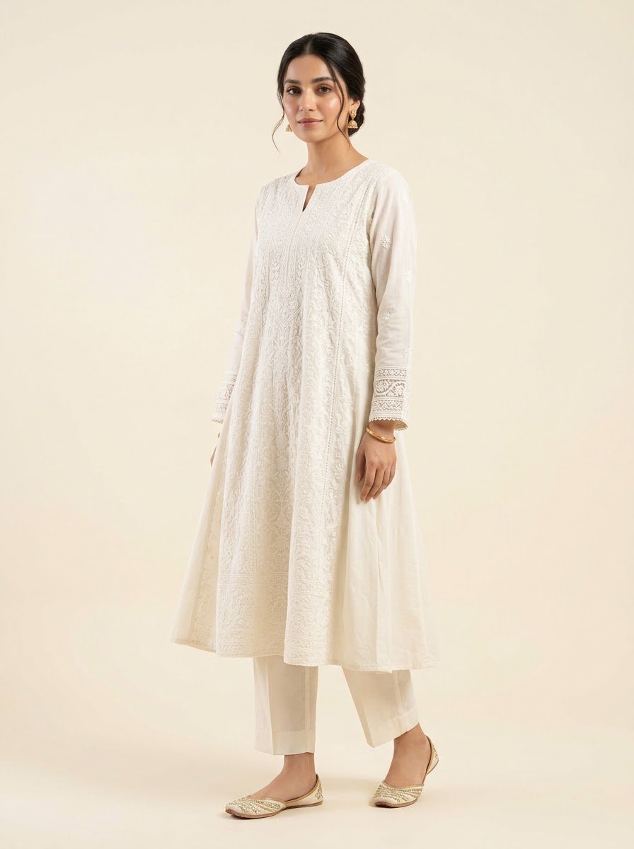 Noor-e-Sahar ivory chikankari cotton kurta by NAAZPOSH, detail view
