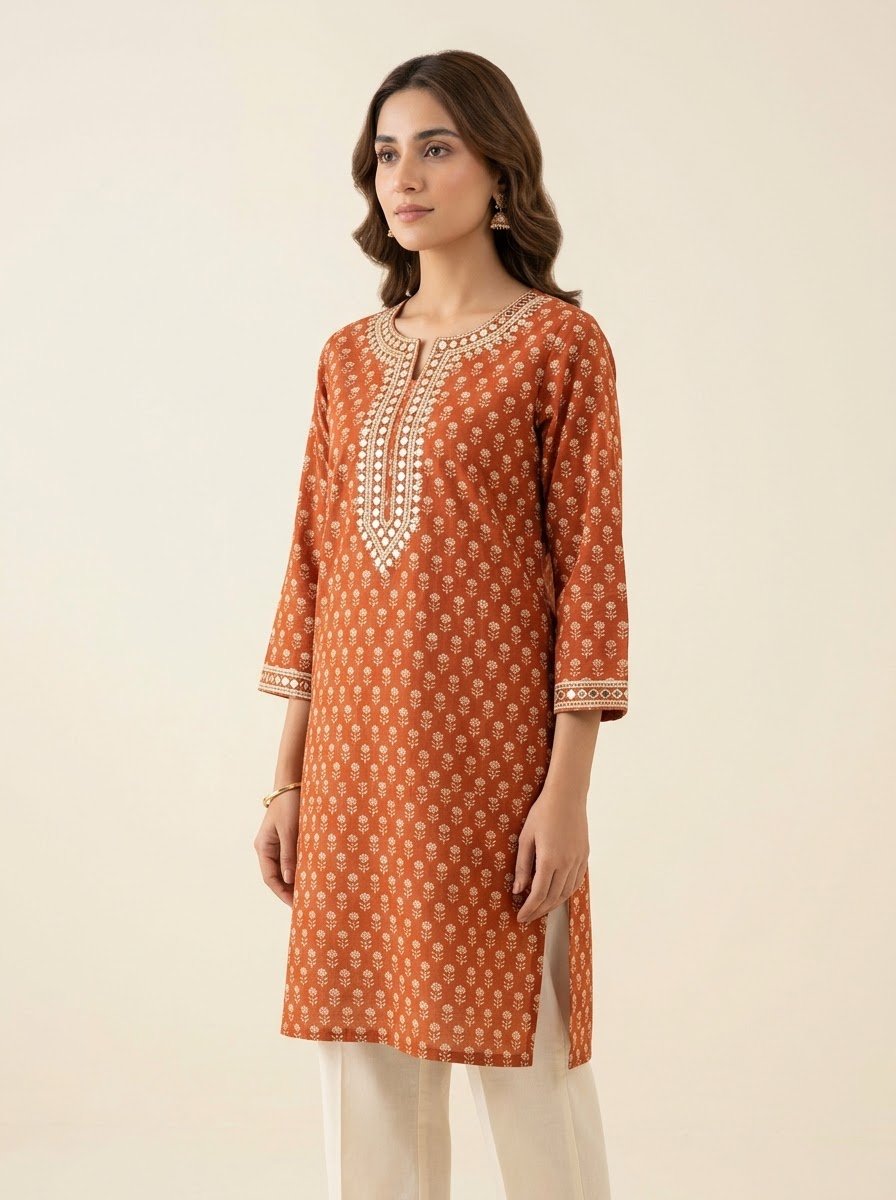 Pariwash rust block print cotton kurta by NAAZPOSH, detail view
