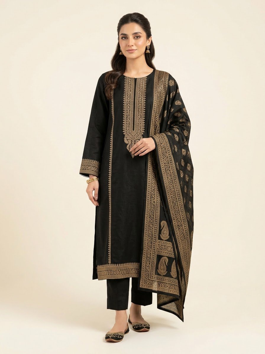Rozina black linen 3 piece by NAAZPOSH, full length front view