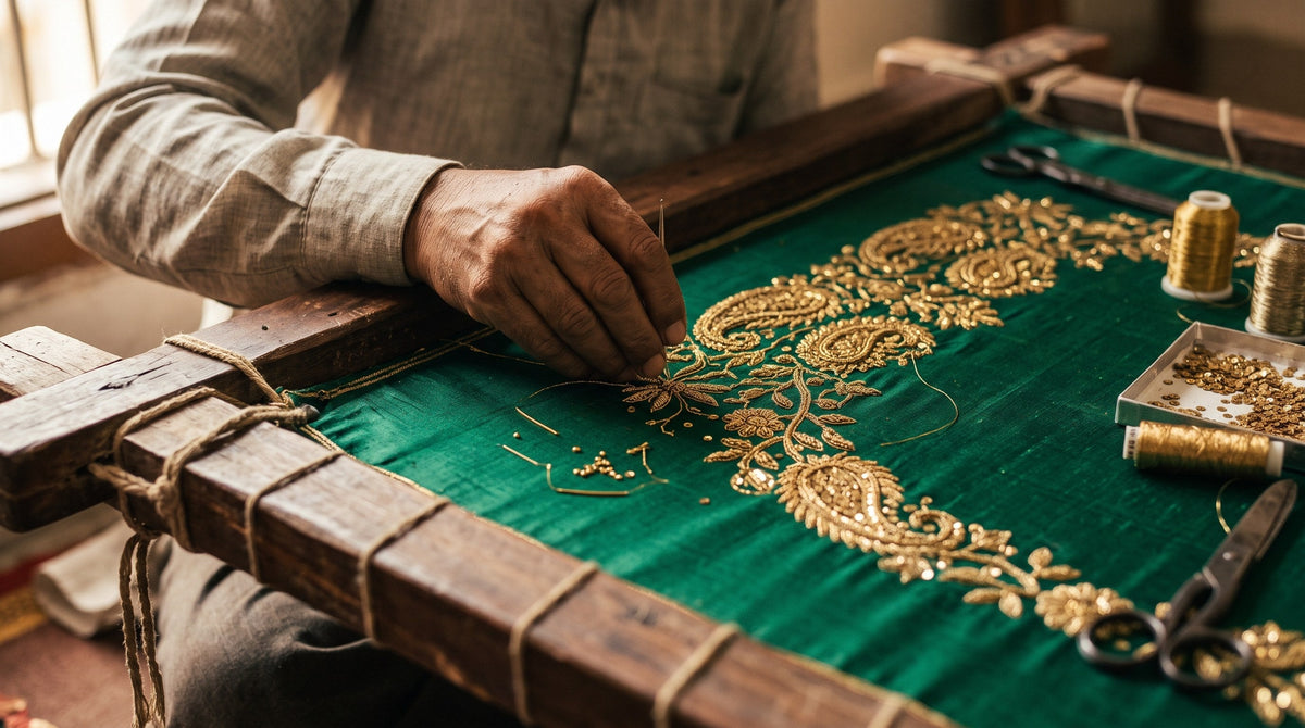 Artisan doing gold zardozi embroidery for NAAZPOSH